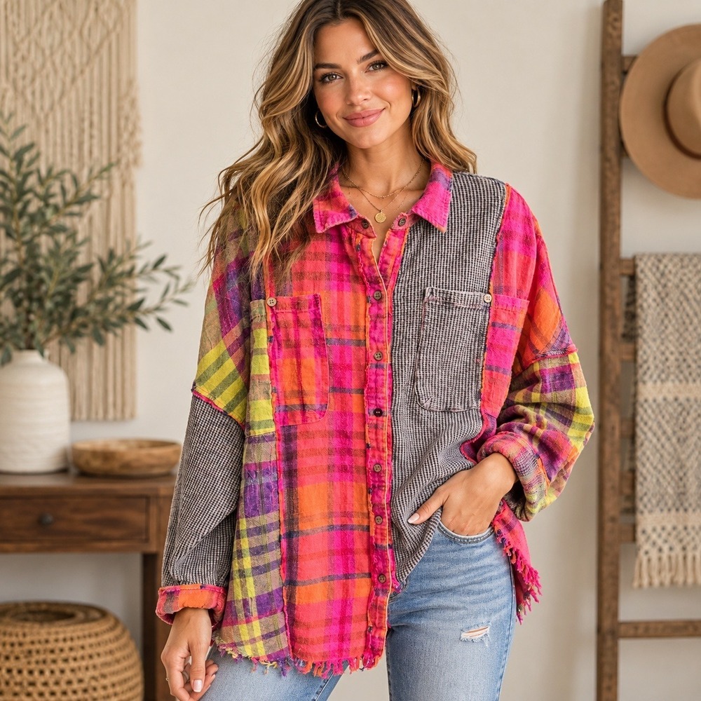 Oli & Hali Patchwork Plaid Waffle Knit Flannel Shirt Pink Oversized Boho Large